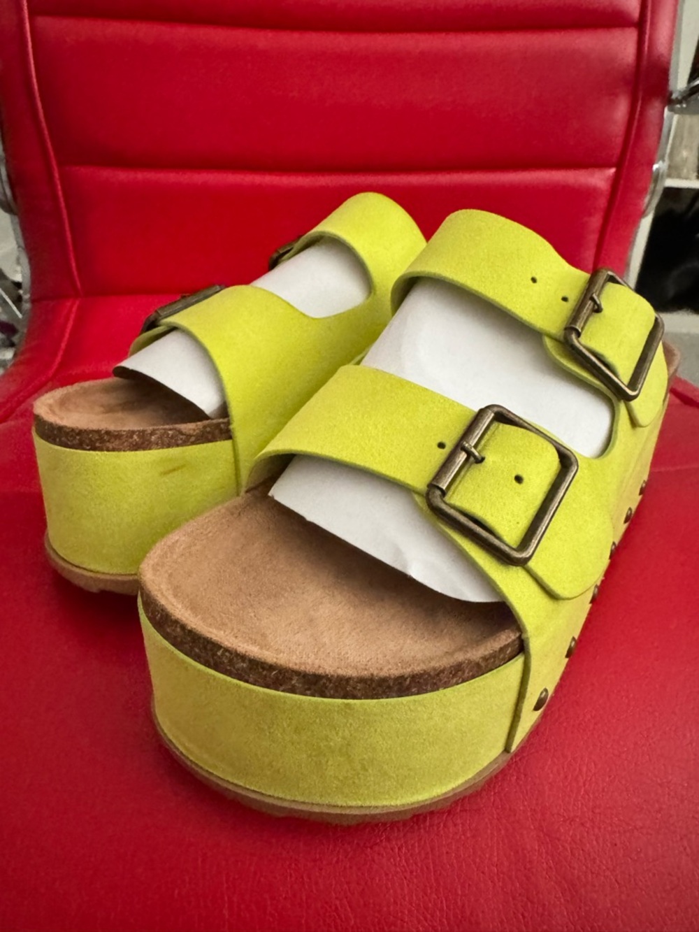 SHEIN Neon Yellow Suede Double-Buckle Platform Sandals
